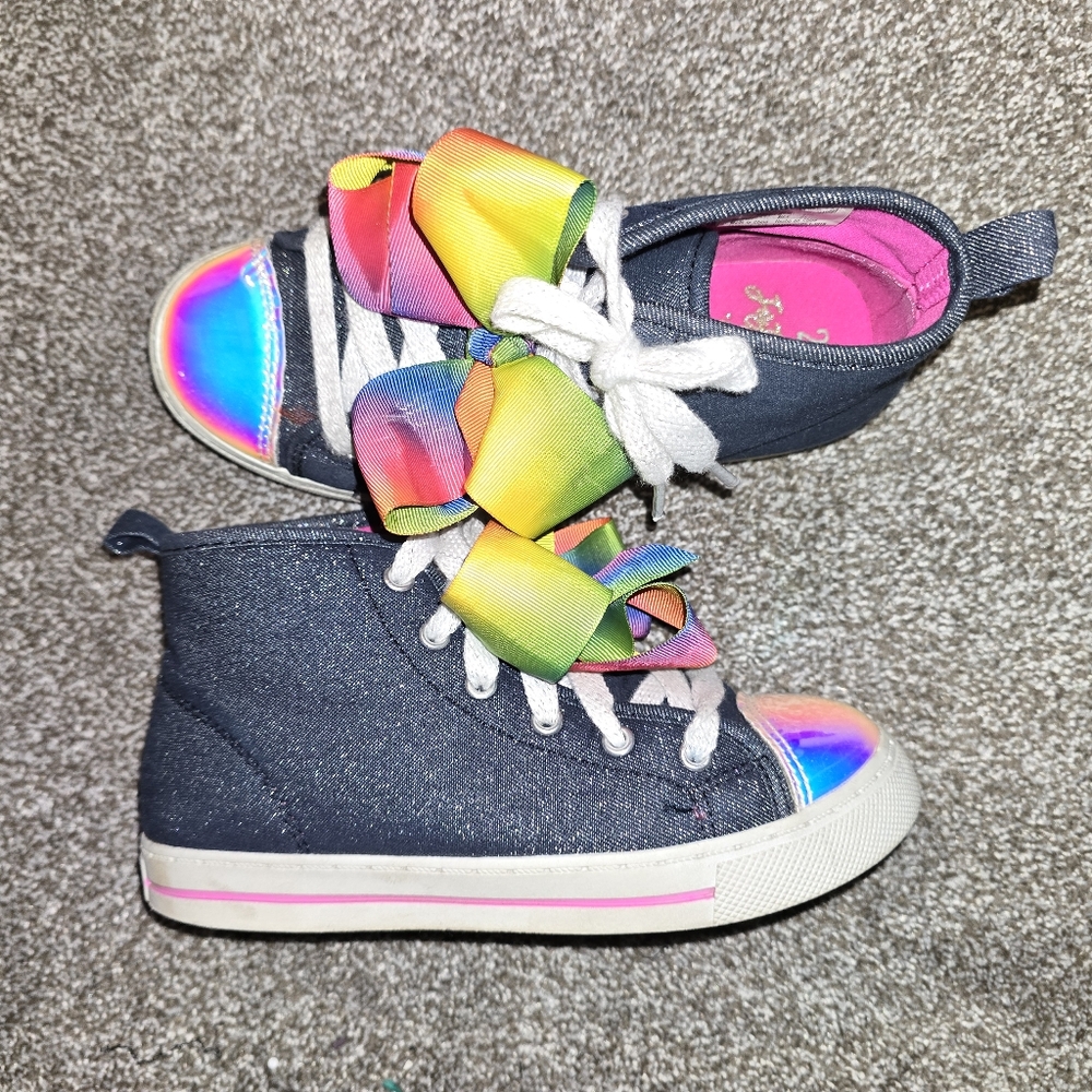 JoJo Siwa Rainbow Bow High Top Sneakers Glitter Denim Iridescent Toe